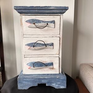 Vintage Nautical Wooden Mini Cabinet 3 Drawers Fish Design Coastal Decor 19x12"